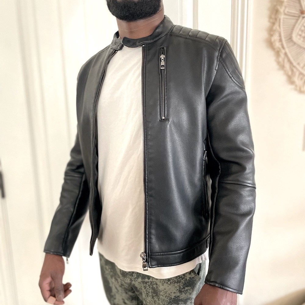Zara Mens Leather Biker Jacket- Shoulder Pad details and black zipped pockets